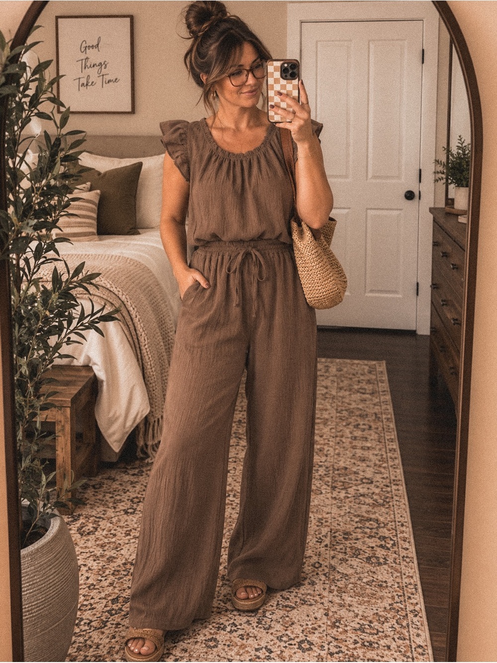 Women's Brown Cotton Blend Wide-Leg Jumpsuit